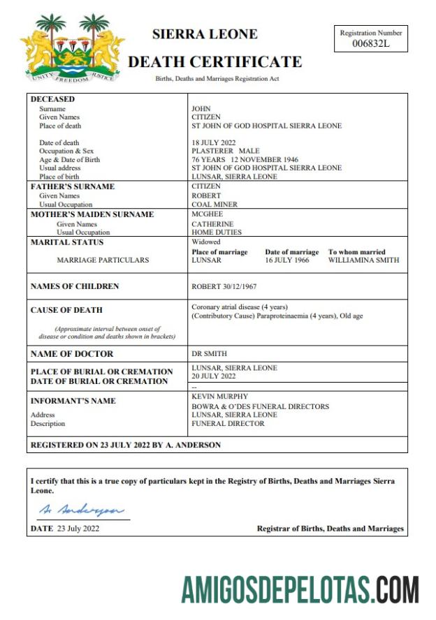 Realista modelo Word e PDF de certidão de óbito de Serra Leoa